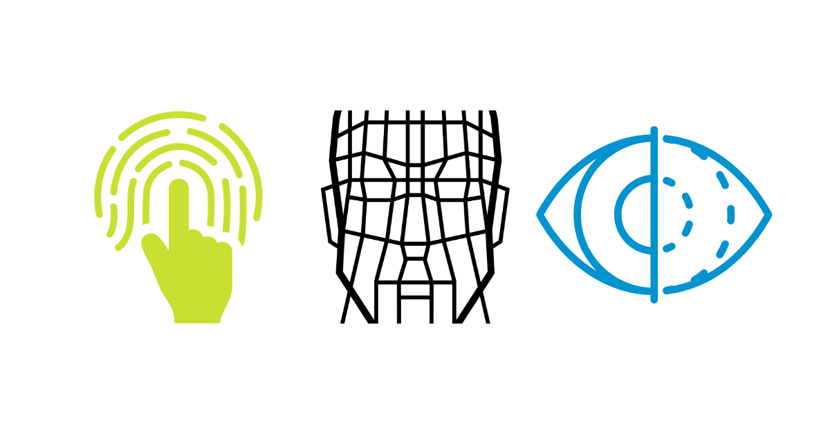 Image of a green finger print scanner icon, a black StoneLock facial biometrics icon and a blue iris scanner icon on a white background